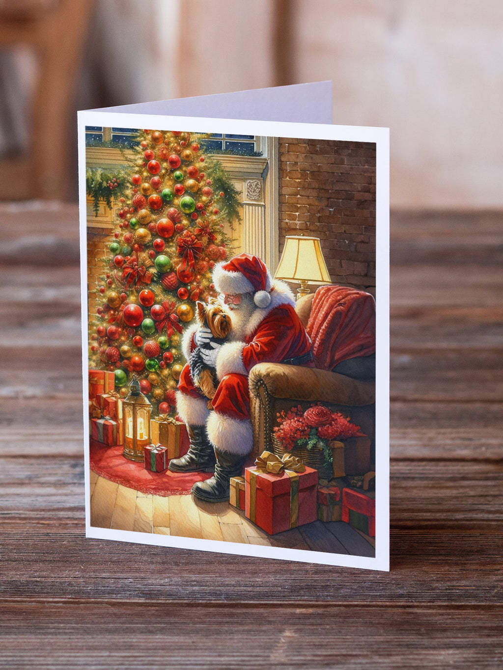 Yorkshire Terrier Yorkie and Santa Claus Greeting Cards Pack of 8 Blank Cards with Envelopes Whimsical A7 Size 5x7