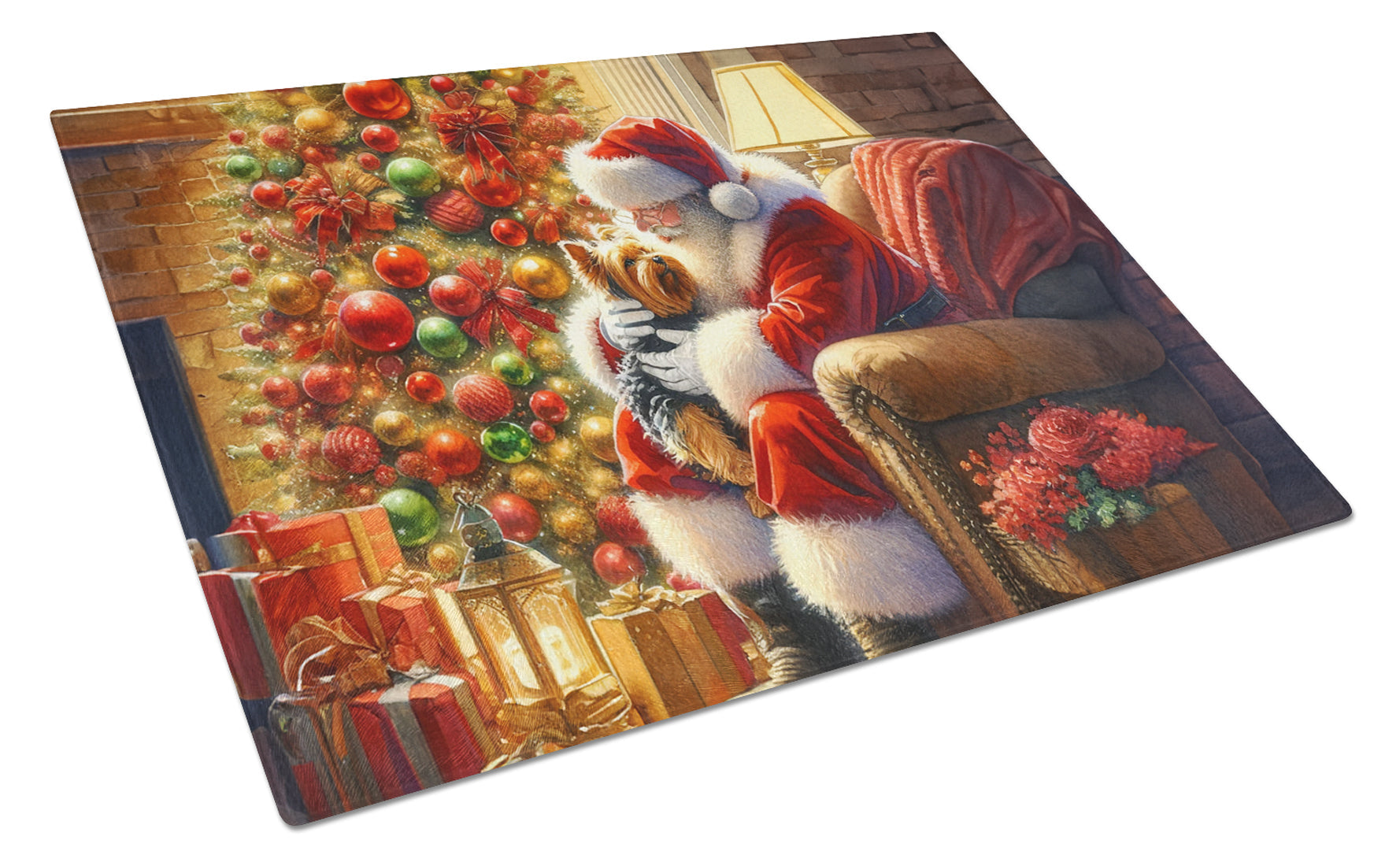 Yorkshire Terrier Yorkie and Santa Claus Cutting Board Tempered Glass Kitchen Cutting Surface, Heat Resistant Chopping, Non-Slip Feet, Food Prep & Serving