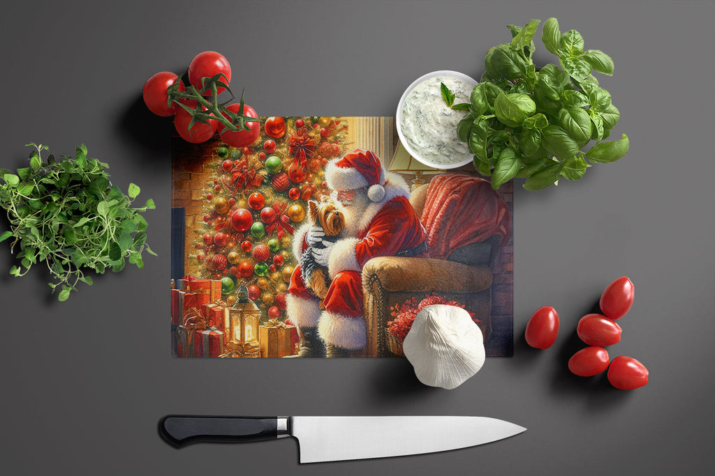 Yorkshire Terrier Yorkie and Santa Claus Cutting Board Tempered Glass Kitchen Cutting Surface, Heat Resistant Chopping, Non-Slip Feet, Food Prep & Serving