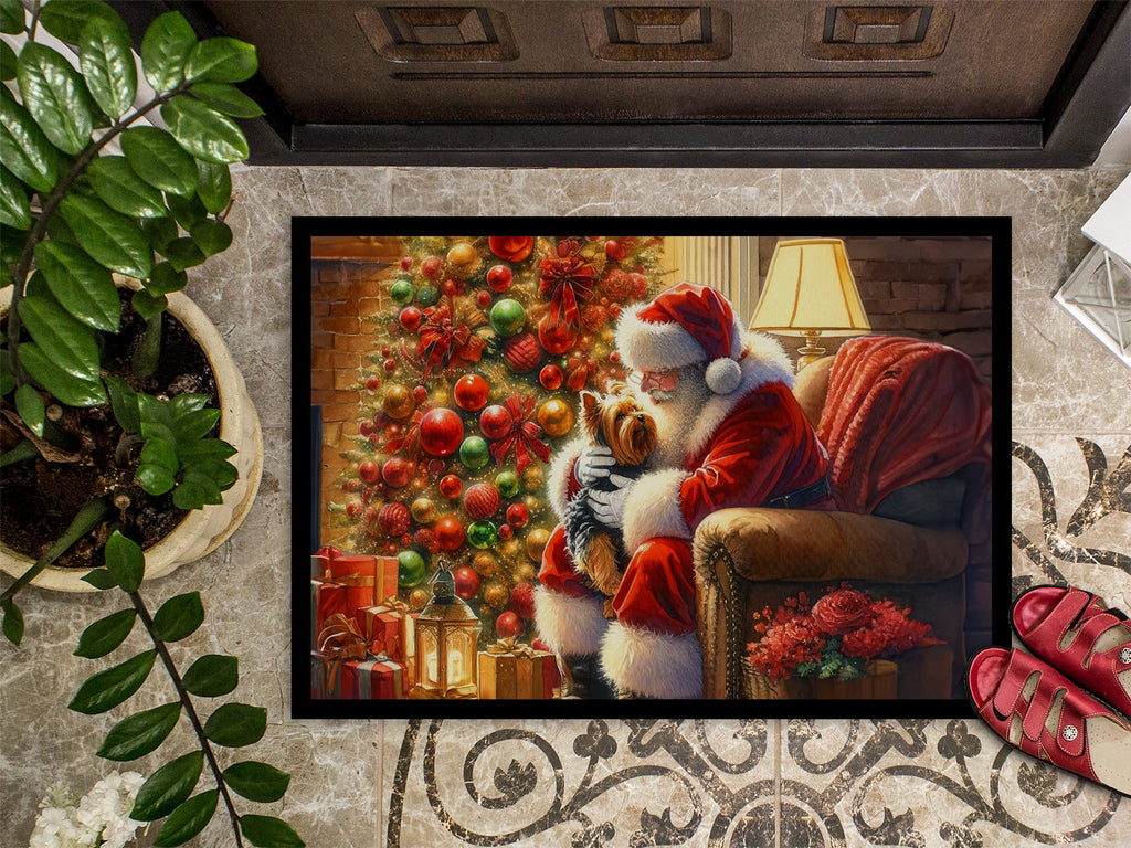Yorkshire Terrier Yorkie and Santa Claus Doormat Indoor Outdoor 18H X 27W Front Door Mat Rugs for Entryway, Non Slip Washable