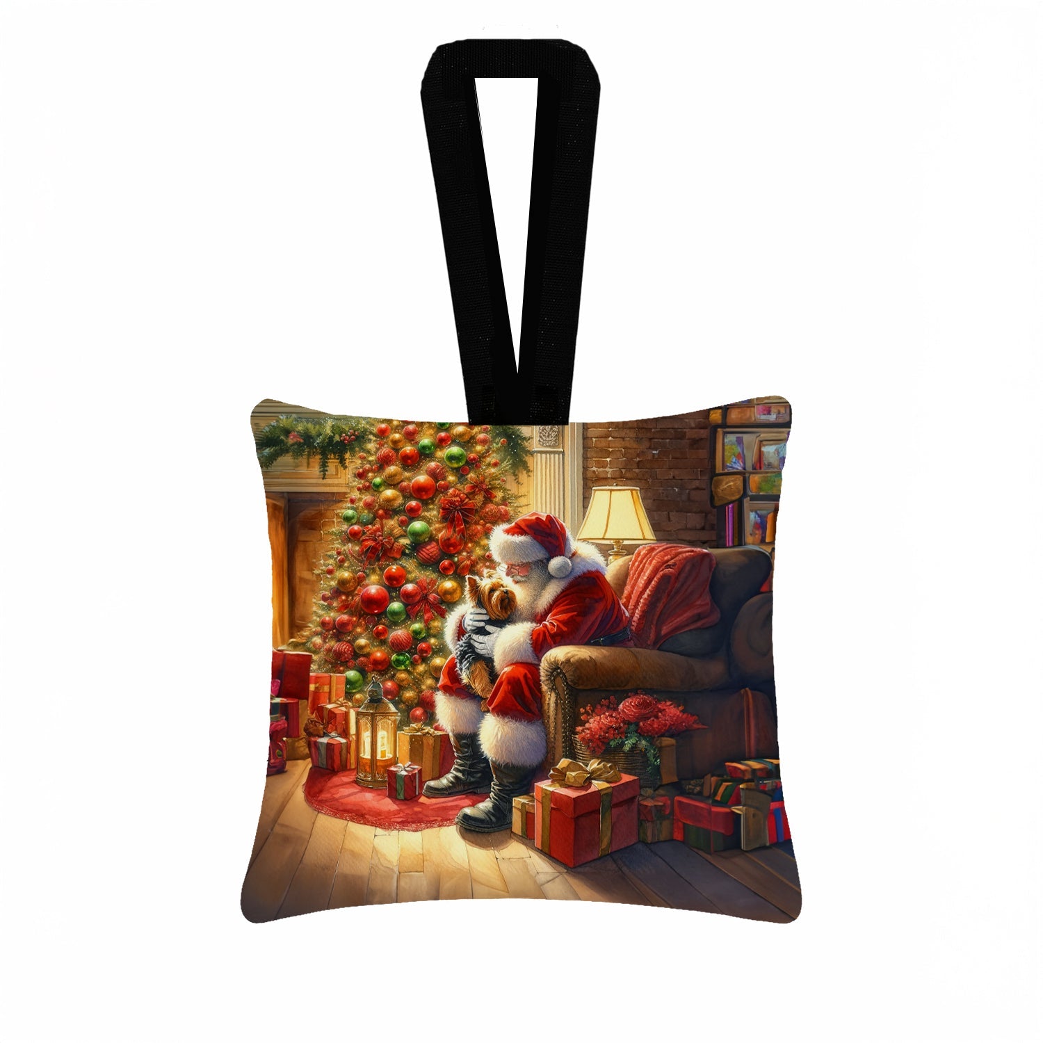 Yorkshire Terrier Yorkie and Santa Claus Hanging Square Fabric Ornament 3.5 × 3.5 Decorative Door-Knob & Tree Hanger, Soft Fabric