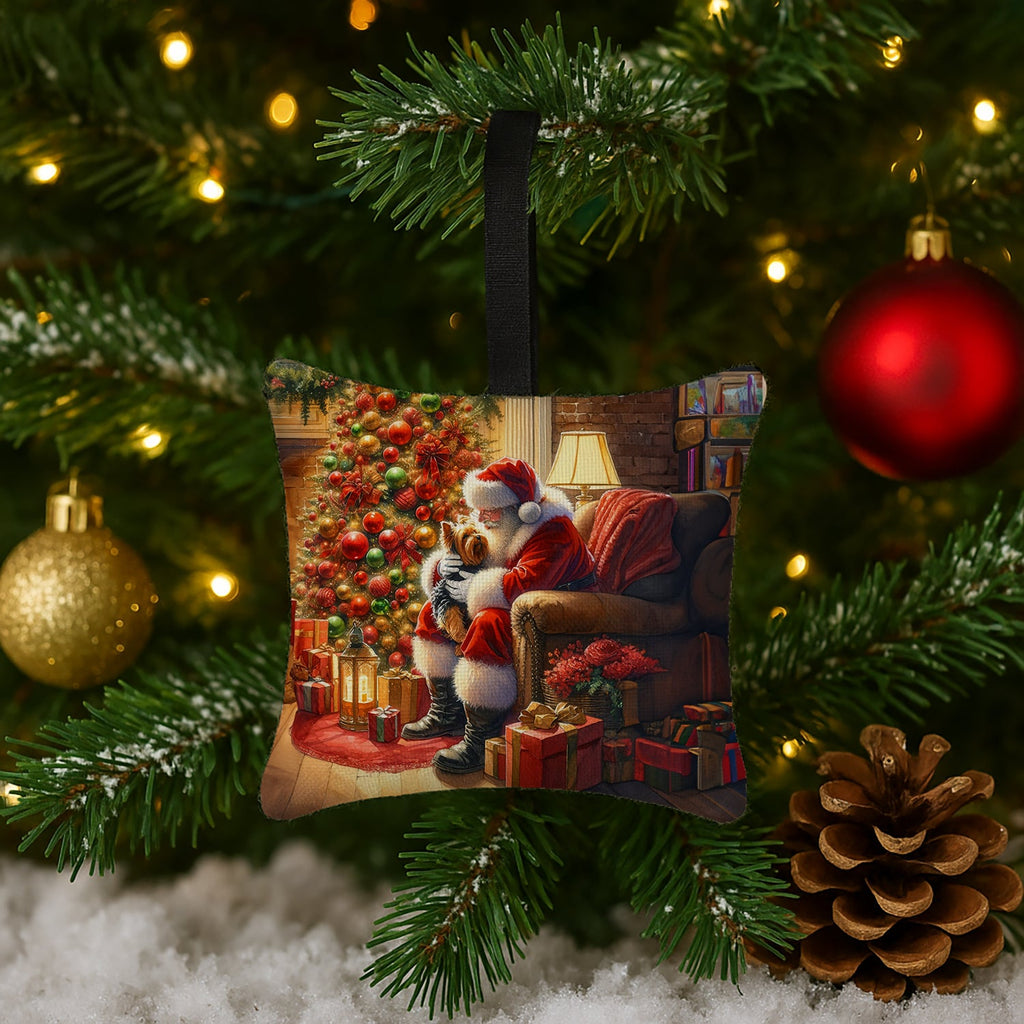 Yorkshire Terrier Yorkie and Santa Claus Hanging Square Fabric Ornament 3.5 × 3.5 Decorative Door-Knob & Tree Hanger, Soft Fabric