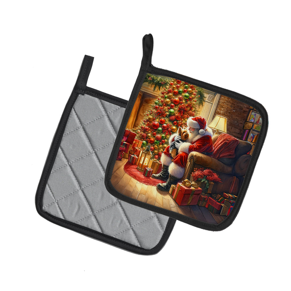 Yorkshire Terrier Yorkie and Santa Claus Pot Holder Set of 2 Heat Resistant Quilted Hot Pads 7.5 x 7.5 Inch, Insulated Kitchen Trivets for Cooking & Baking