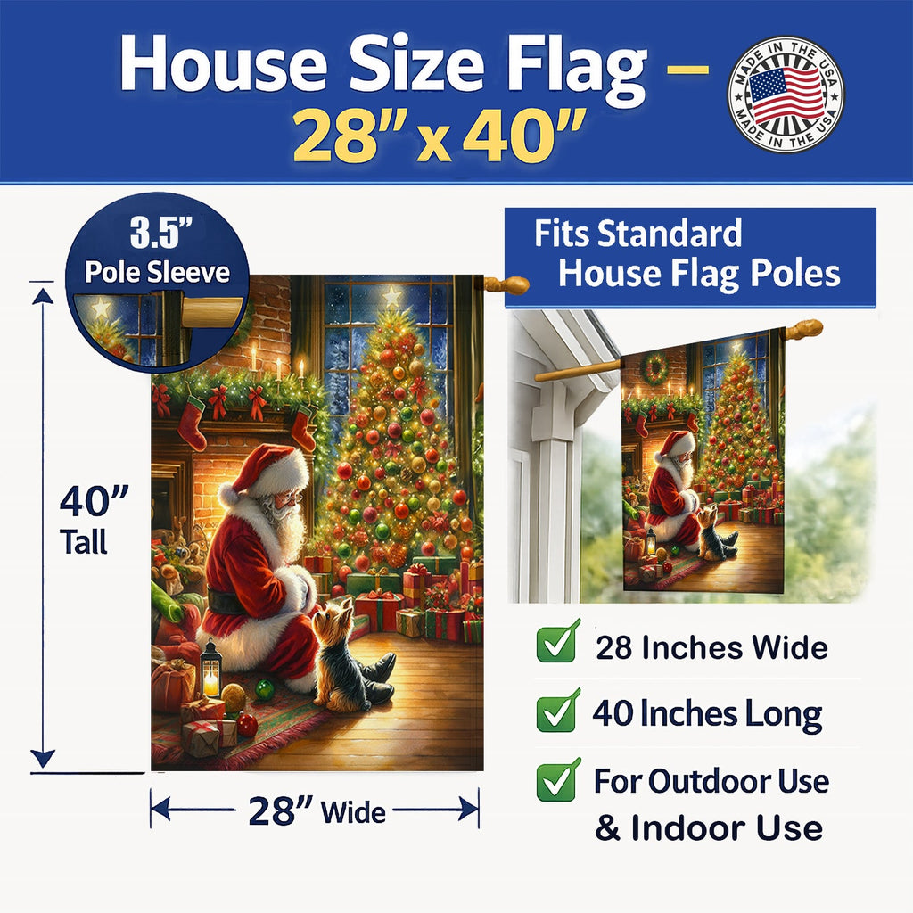 Yorkshire Terrier Yorkie and Santa Claus House Flag 28x40 Porch Sleeve Pole Decorative Outside Yard Banner Artwork Wall Hanging, Polyester