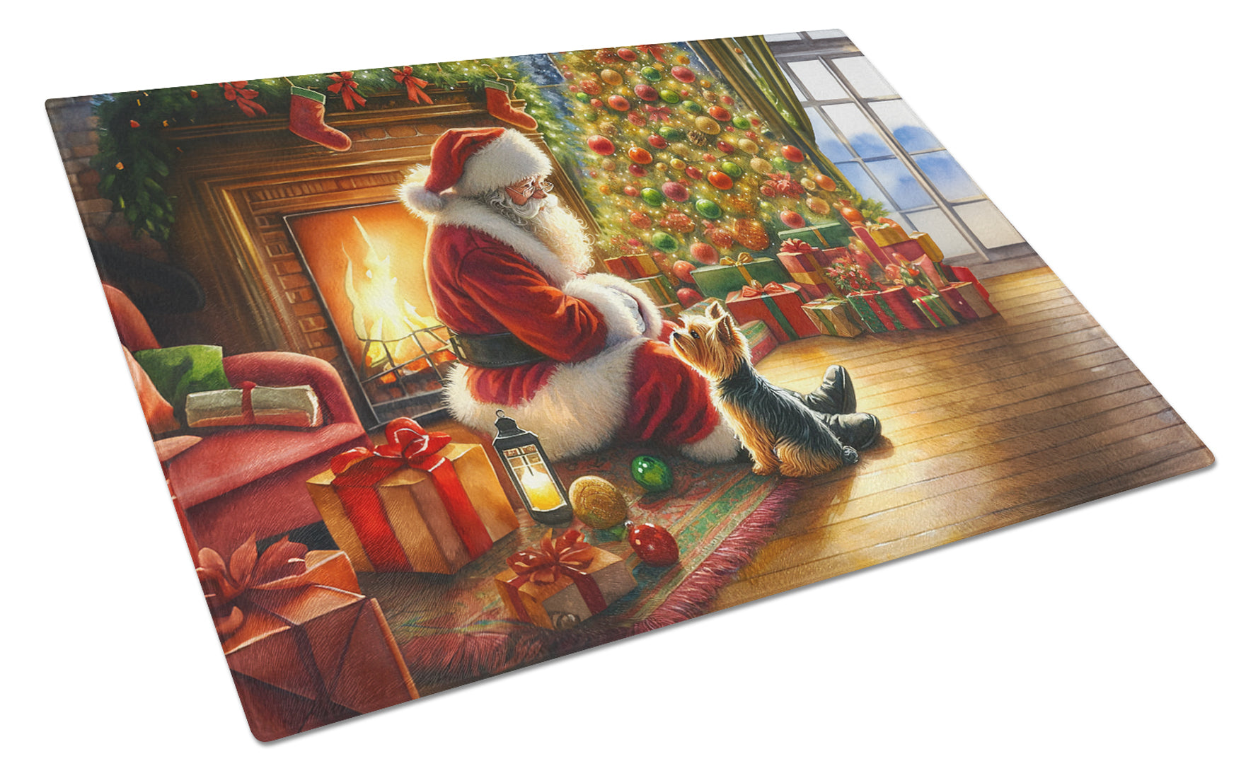 Yorkshire Terrier Yorkie and Santa Claus Cutting Board Tempered Glass Kitchen Cutting Surface, Heat Resistant Chopping, Non-Slip Feet, Food Prep & Serving