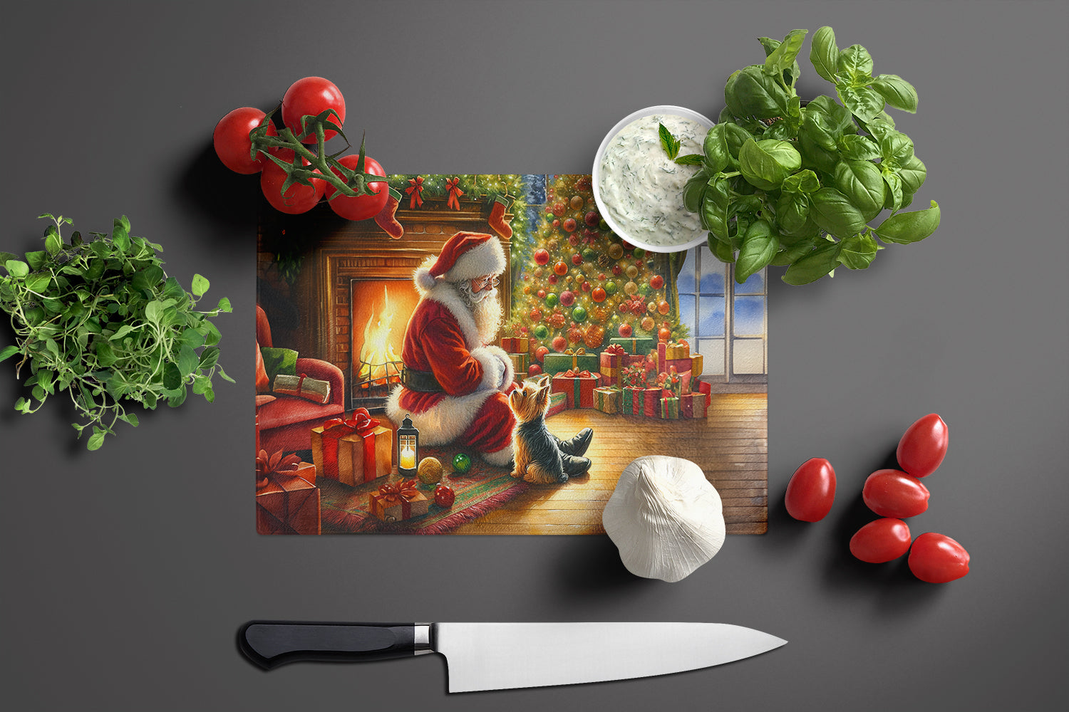 Yorkshire Terrier Yorkie and Santa Claus Cutting Board Tempered Glass Kitchen Cutting Surface, Heat Resistant Chopping, Non-Slip Feet, Food Prep & Serving