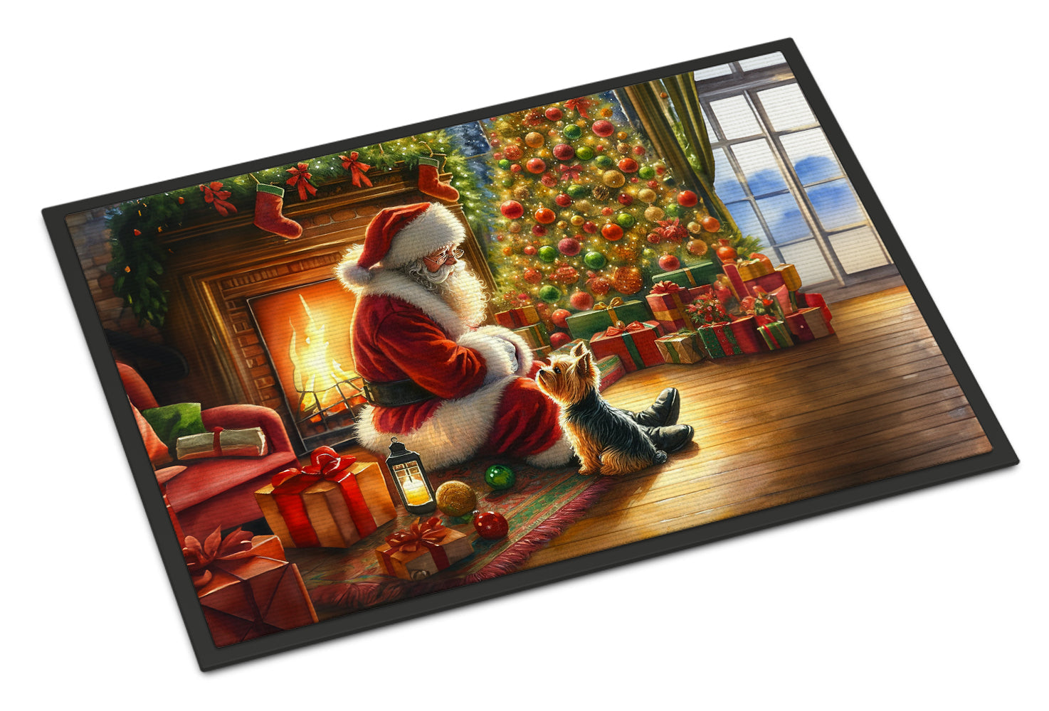 Yorkshire Terrier Yorkie and Santa Claus Doormat Indoor Outdoor 18H X 27W Front Door Mat Rugs for Entryway, Non Slip Washable