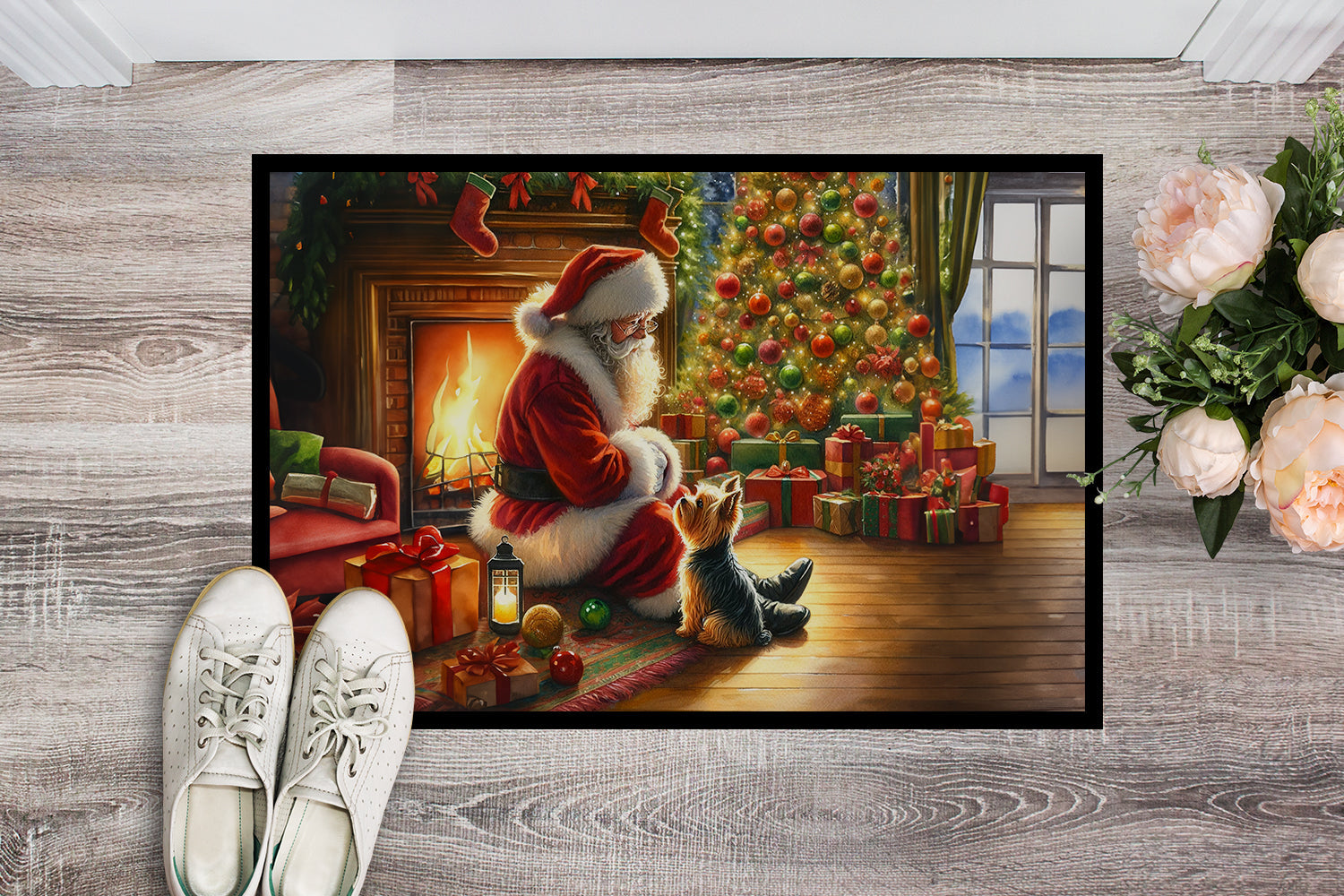Yorkshire Terrier Yorkie and Santa Claus Doormat Indoor Outdoor 18H X 27W Front Door Mat Rugs for Entryway, Non Slip Washable