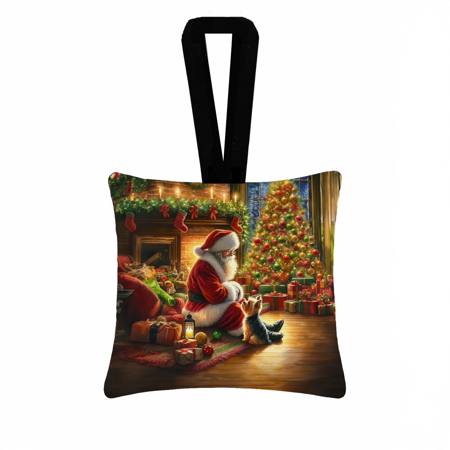Yorkshire Terrier Yorkie and Santa Claus Hanging Square Fabric Ornament 3.5 × 3.5 Decorative Door-Knob & Tree Hanger, Soft Fabric