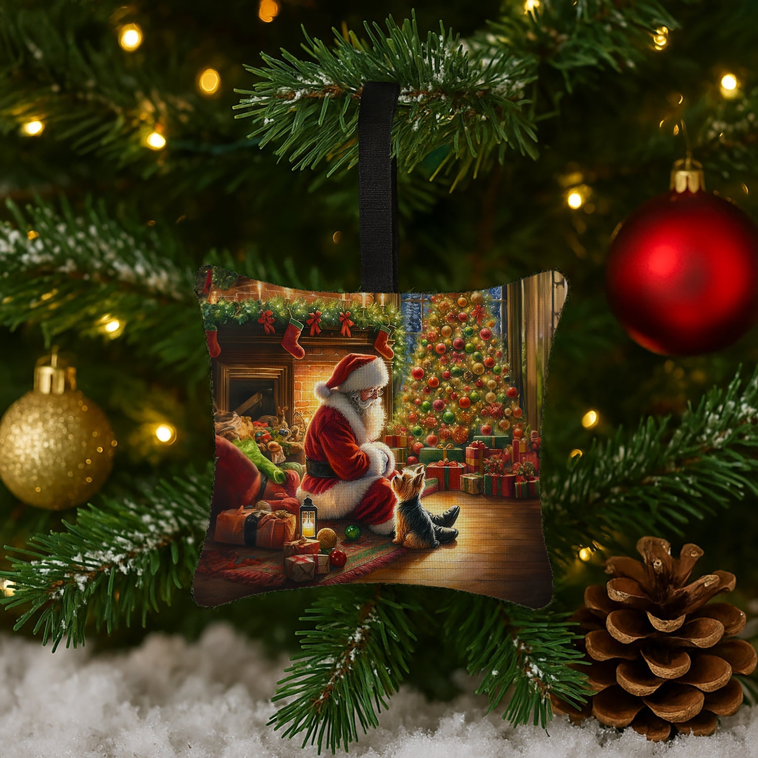 Yorkshire Terrier Yorkie and Santa Claus Hanging Square Fabric Ornament 3.5 × 3.5 Decorative Door-Knob & Tree Hanger, Soft Fabric