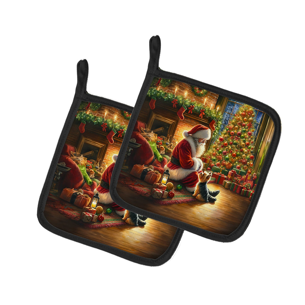 Yorkshire Terrier Yorkie and Santa Claus Pot Holder Set of 2 Heat Resistant Quilted Hot Pads 7.5 x 7.5 Inch, Insulated Kitchen Trivets for Cooking & Baking