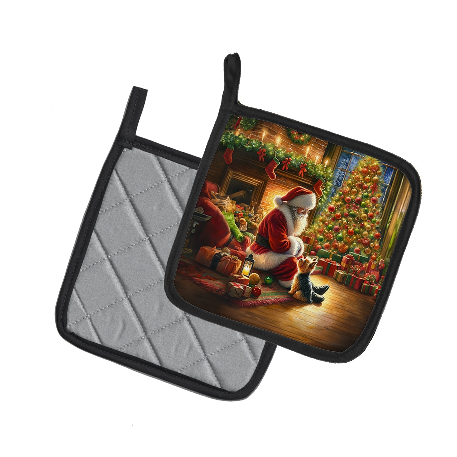 Yorkshire Terrier Yorkie and Santa Claus Pot Holder Set of 2 Heat Resistant Quilted Hot Pads 7.5 x 7.5 Inch, Insulated Kitchen Trivets for Cooking & Baking