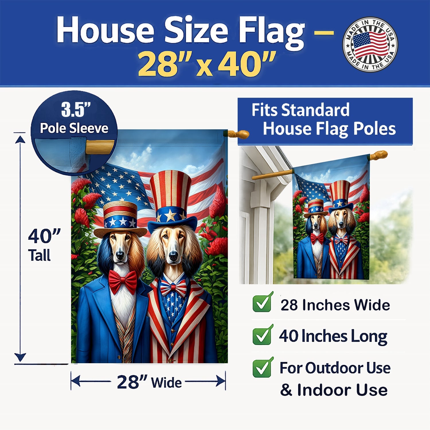 All American Afghan Hound House Flag 28x40 Porch Sleeve Pole Decorative Outside Yard Banner Artwork Wall Hanging, Polyester
