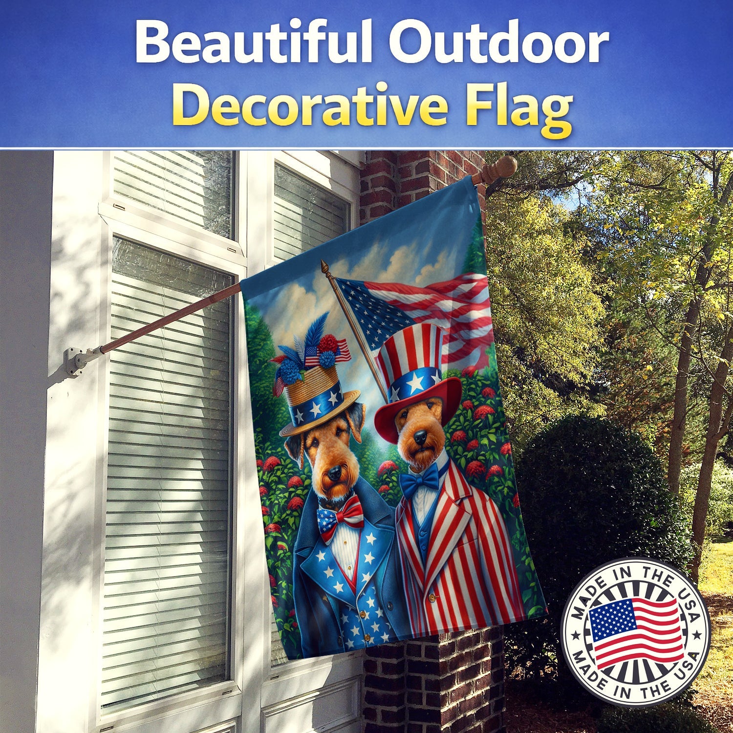 All American Airedale Terrier House Flag 28x40 Porch Sleeve Pole Decorative Outside Yard Banner Artwork Wall Hanging, Polyester