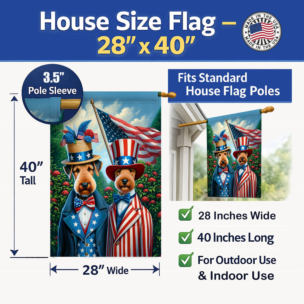 All American Airedale Terrier House Flag 28x40 Porch Sleeve Pole Decorative Outside Yard Banner Artwork Wall Hanging, Polyester
