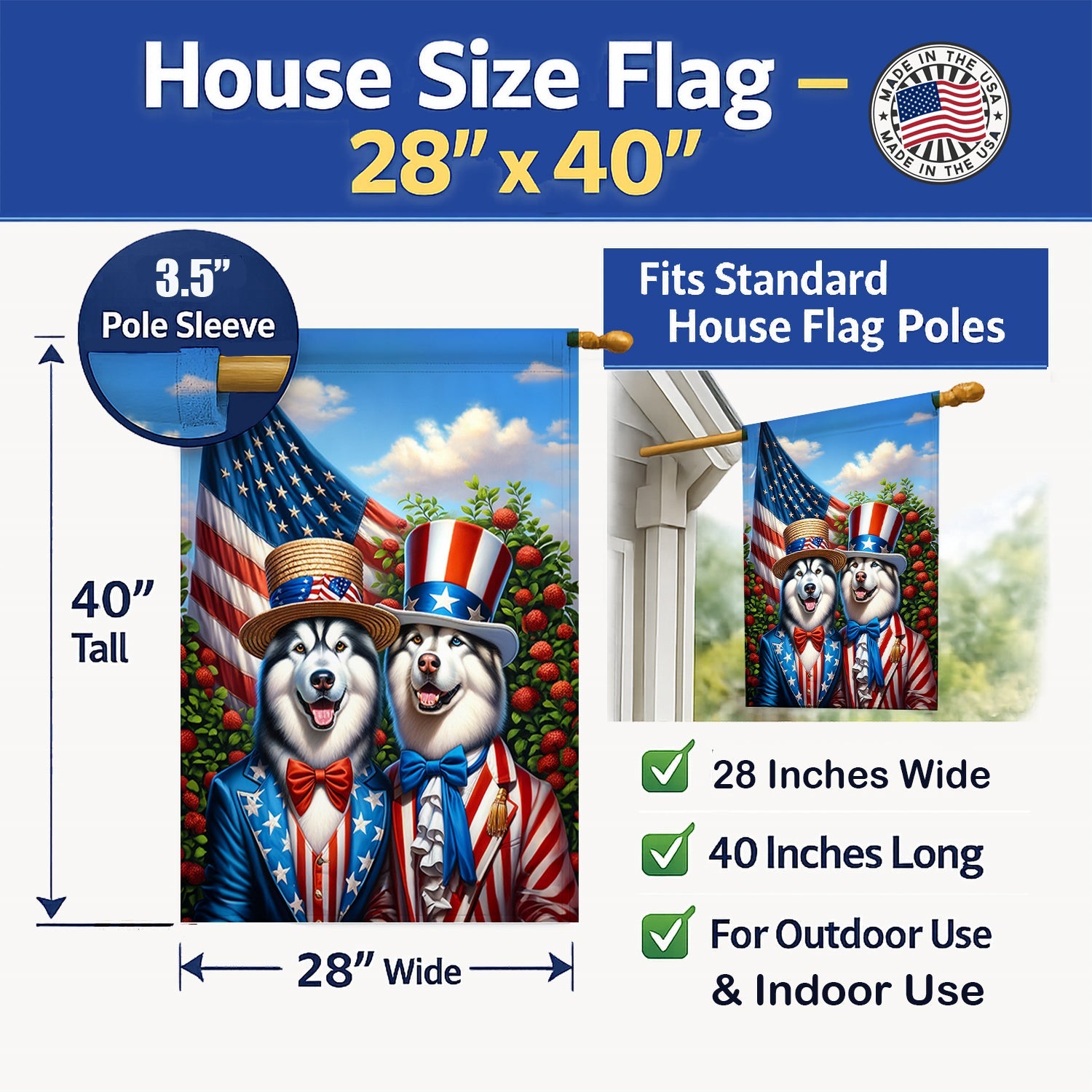 All American Alaskan Malamute House Flag 28x40 Porch Sleeve Pole Decorative Outside Yard Banner Artwork Wall Hanging, Polyester