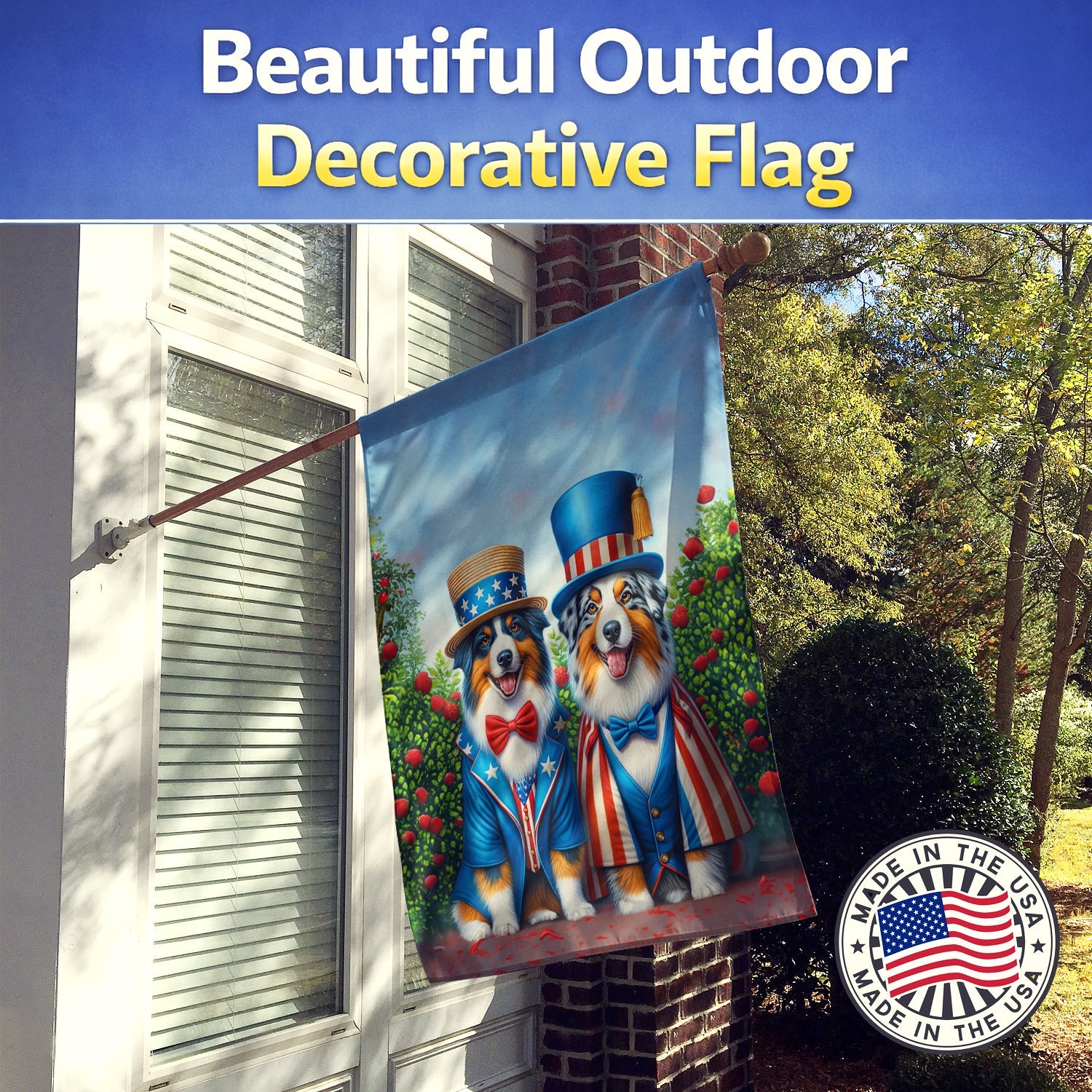 All American Australian Shepherd House Flag 28x40 Porch Sleeve Pole Decorative Outside Yard Banner Artwork Wall Hanging, Polyester