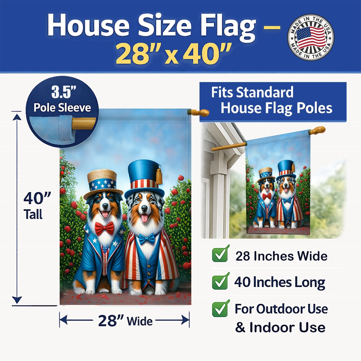 All American Australian Shepherd House Flag 28x40 Porch Sleeve Pole Decorative Outside Yard Banner Artwork Wall Hanging, Polyester