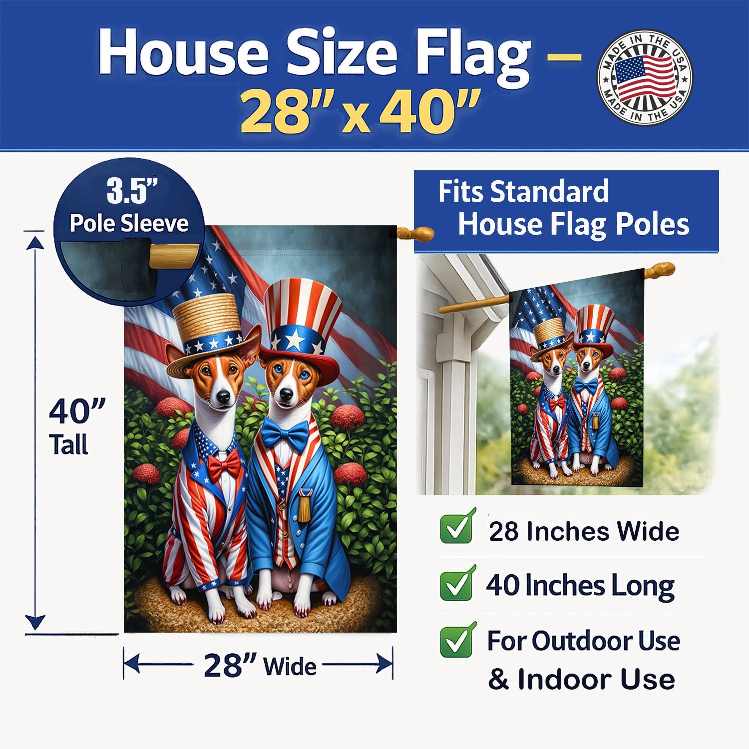All American Basenji House Flag 28x40 Porch Sleeve Pole Decorative Outside Yard Banner Artwork Wall Hanging, Polyester