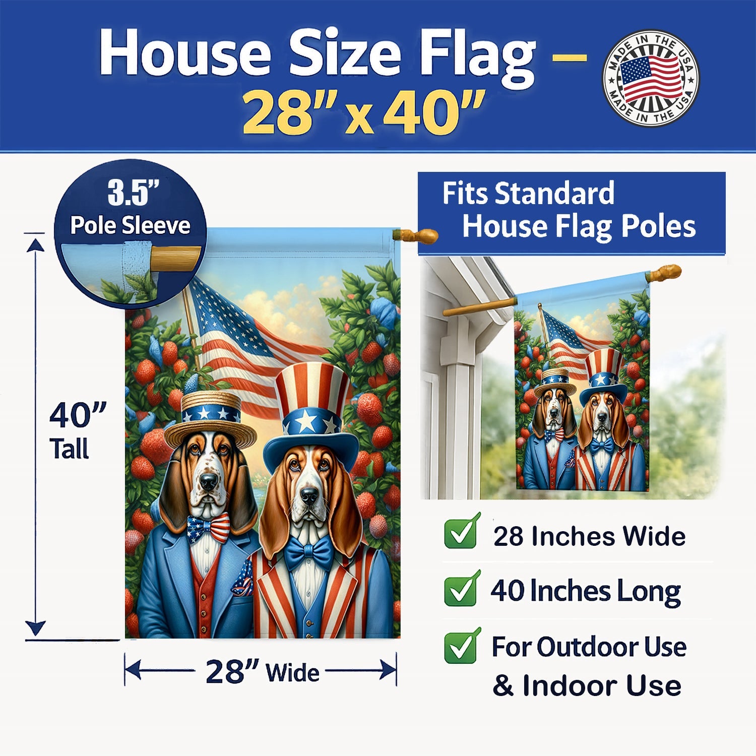 All American Basset Hound House Flag 28x40 Porch Sleeve Pole Decorative Outside Yard Banner Artwork Wall Hanging, Polyester