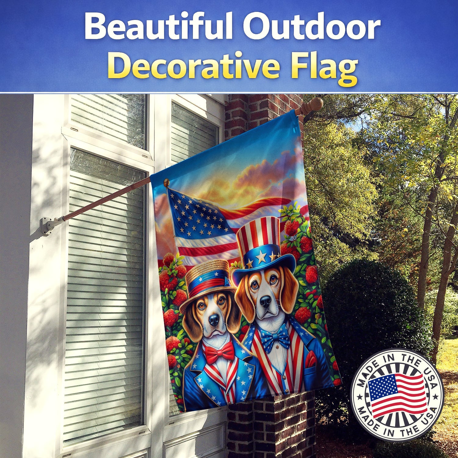 All American Beagle House Flag 28x40 Porch Sleeve Pole Decorative Outside Yard Banner Artwork Wall Hanging, Polyester