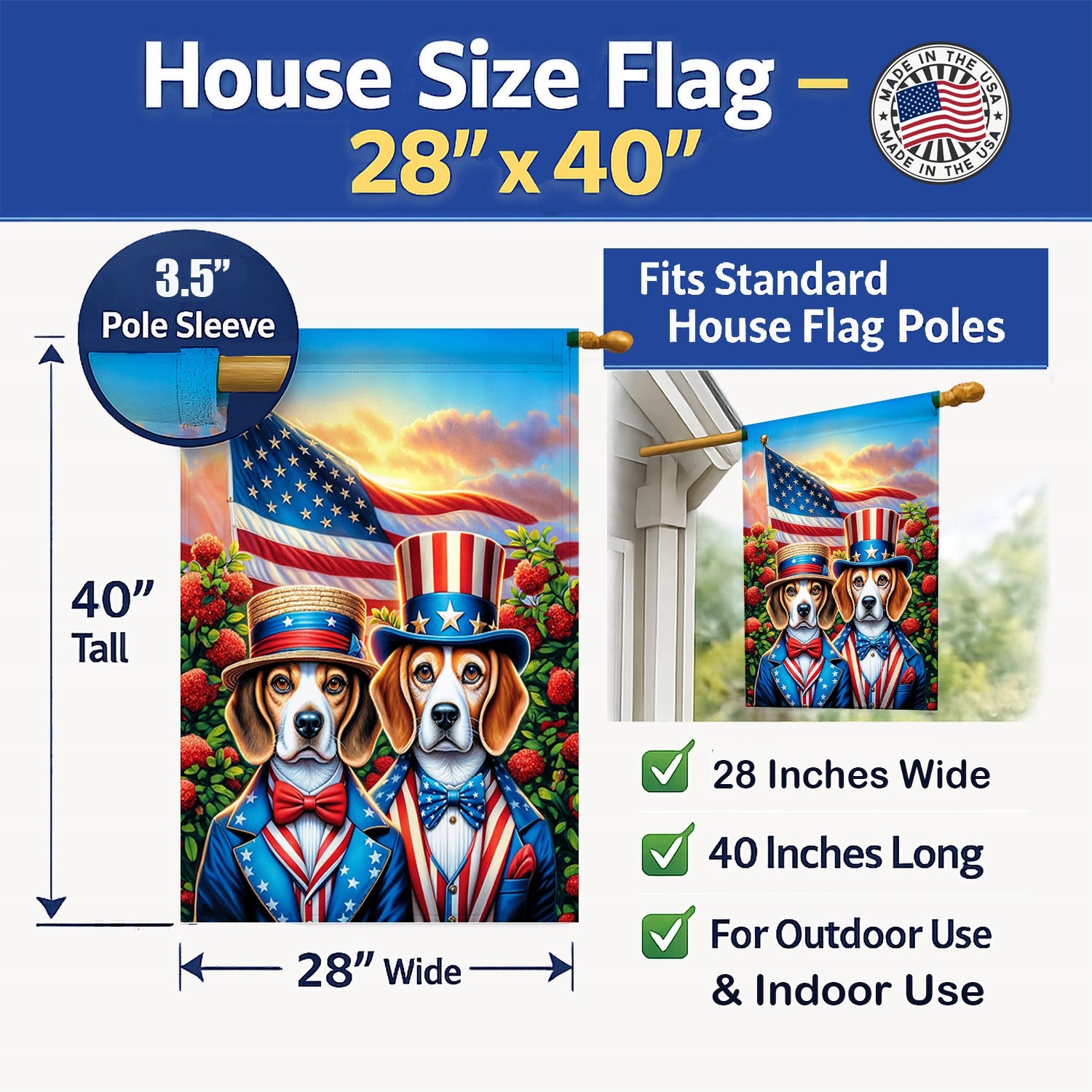 All American Beagle House Flag 28x40 Porch Sleeve Pole Decorative Outside Yard Banner Artwork Wall Hanging, Polyester