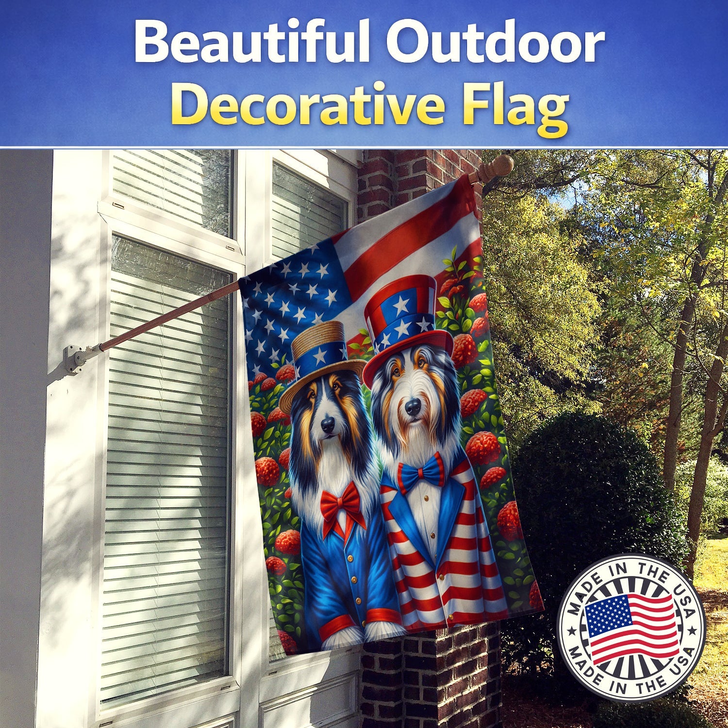 All American Bearded Collie House Flag 28x40 Porch Sleeve Pole Decorative Outside Yard Banner Artwork Wall Hanging, Polyester