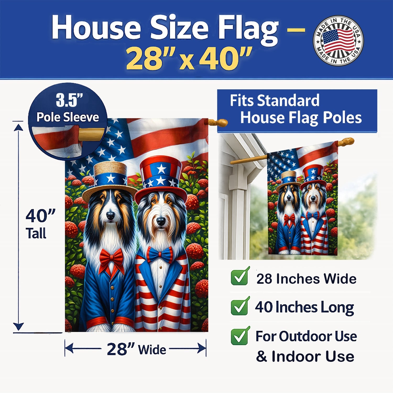 All American Bearded Collie House Flag 28x40 Porch Sleeve Pole Decorative Outside Yard Banner Artwork Wall Hanging, Polyester