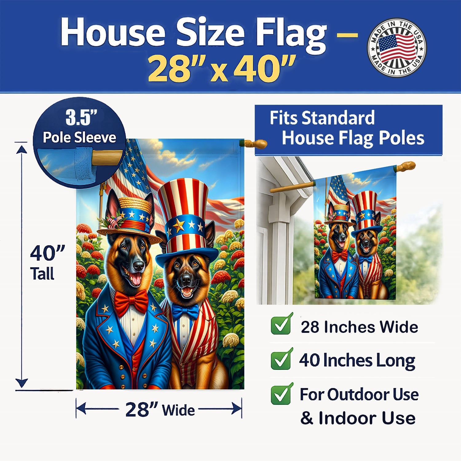 All American Belgian Malinois House Flag 28x40 Porch Sleeve Pole Decorative Outside Yard Banner Artwork Wall Hanging, Polyester