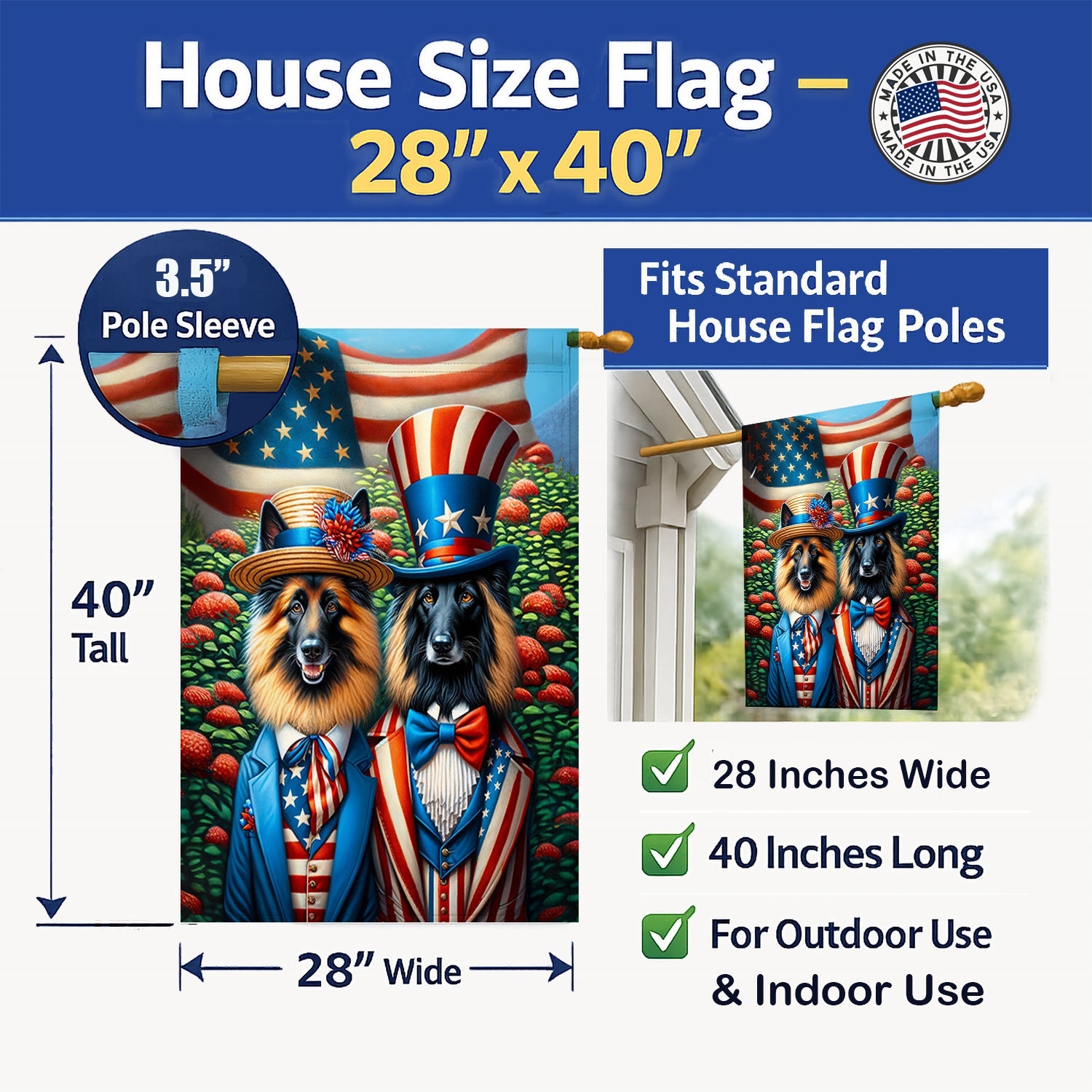 All American Belgian Tervuren House Flag 28x40 Porch Sleeve Pole Decorative Outside Yard Banner Artwork Wall Hanging, Polyester