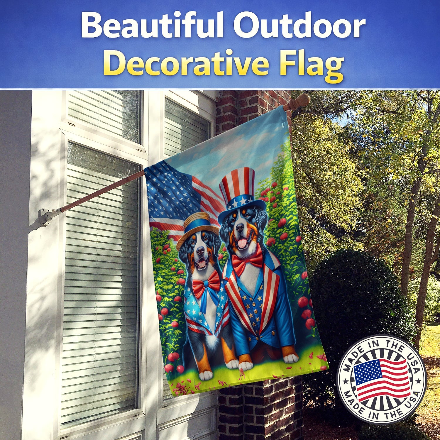 All American Bernese Mountain Dog House Flag 28x40 Porch Sleeve Pole Decorative Outside Yard Banner Artwork Wall Hanging, Polyester