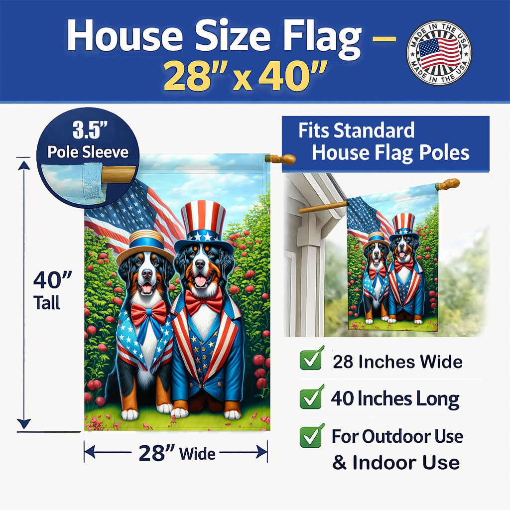 All American Bernese Mountain Dog House Flag 28x40 Porch Sleeve Pole Decorative Outside Yard Banner Artwork Wall Hanging, Polyester