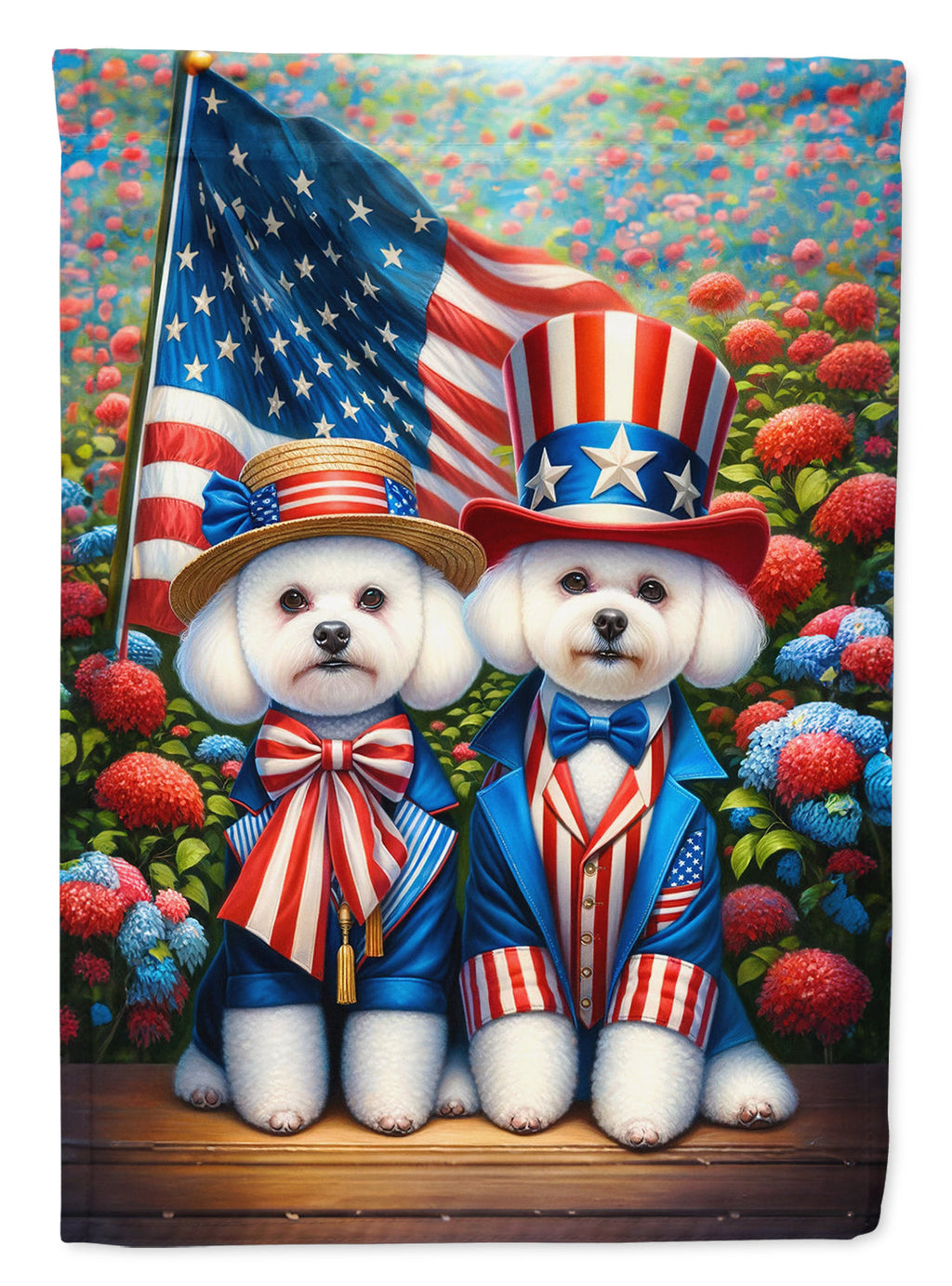 All American Bichon Frise House Flag 28x40 Porch Sleeve Pole Decorative Outside Yard Banner Artwork Wall Hanging, Polyester