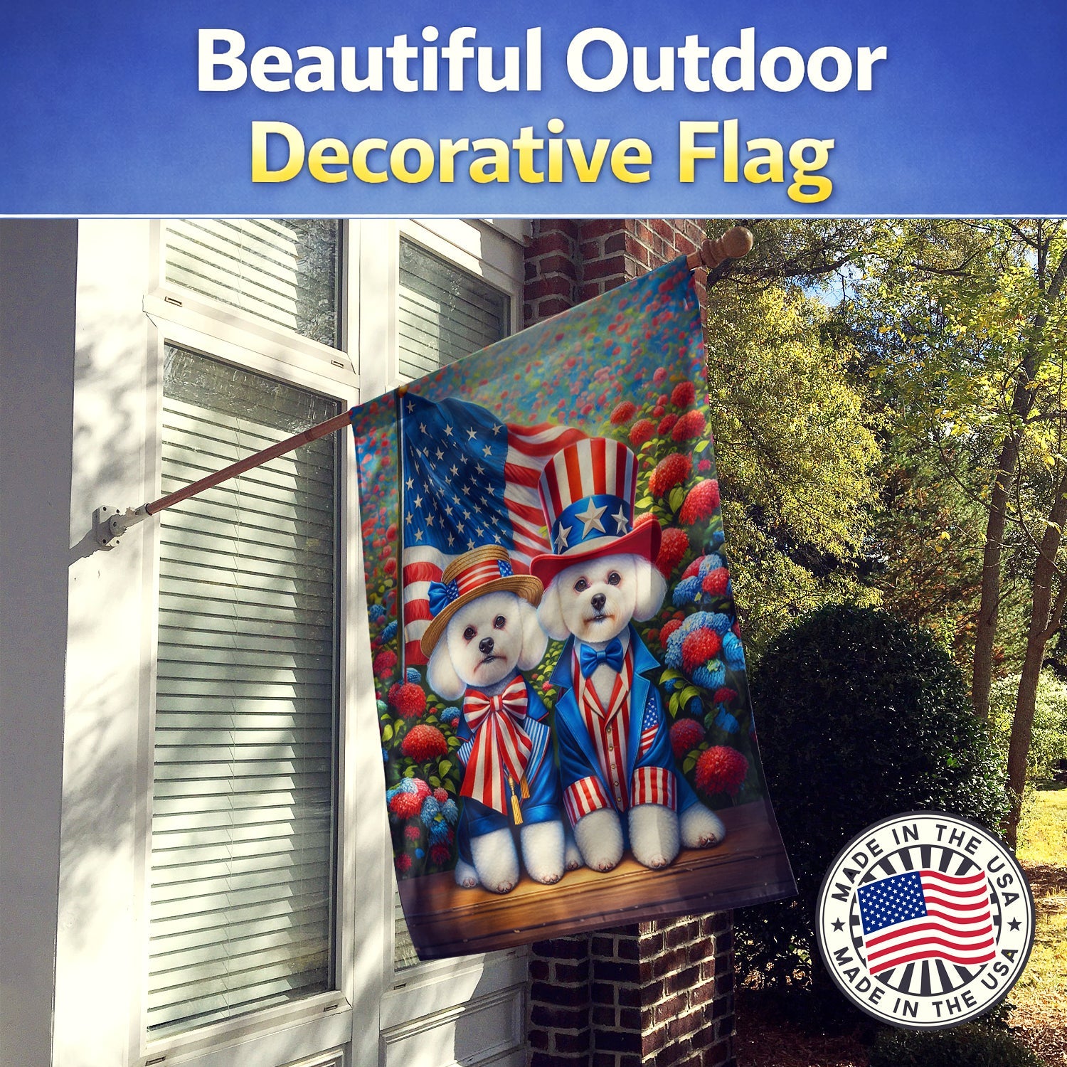 All American Bichon Frise House Flag 28x40 Porch Sleeve Pole Decorative Outside Yard Banner Artwork Wall Hanging, Polyester