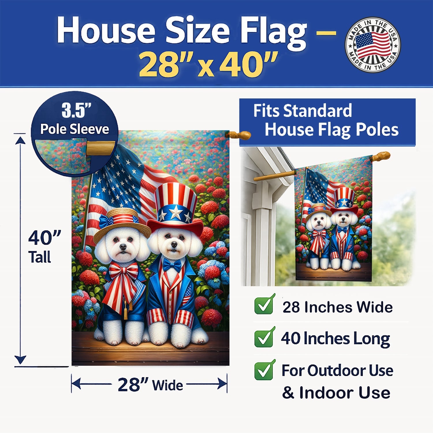 All American Bichon Frise House Flag 28x40 Porch Sleeve Pole Decorative Outside Yard Banner Artwork Wall Hanging, Polyester