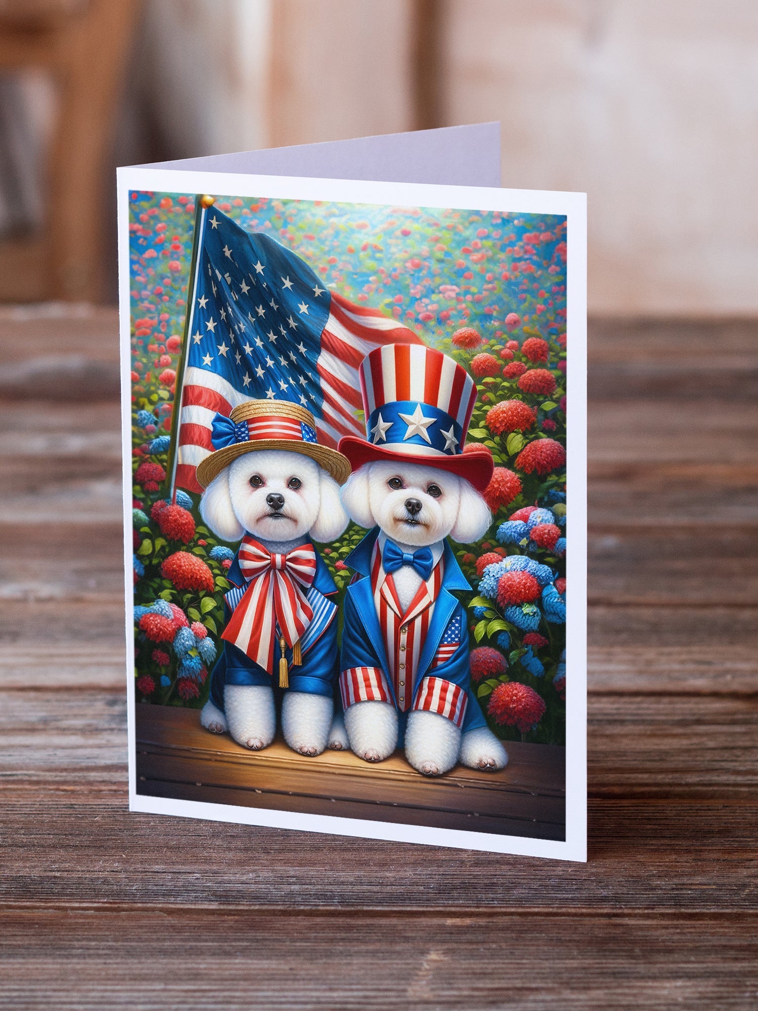 All American Bichon Frise Greeting Cards Pack of 8 Blank Cards with Envelopes Whimsical A7 Size 5x7