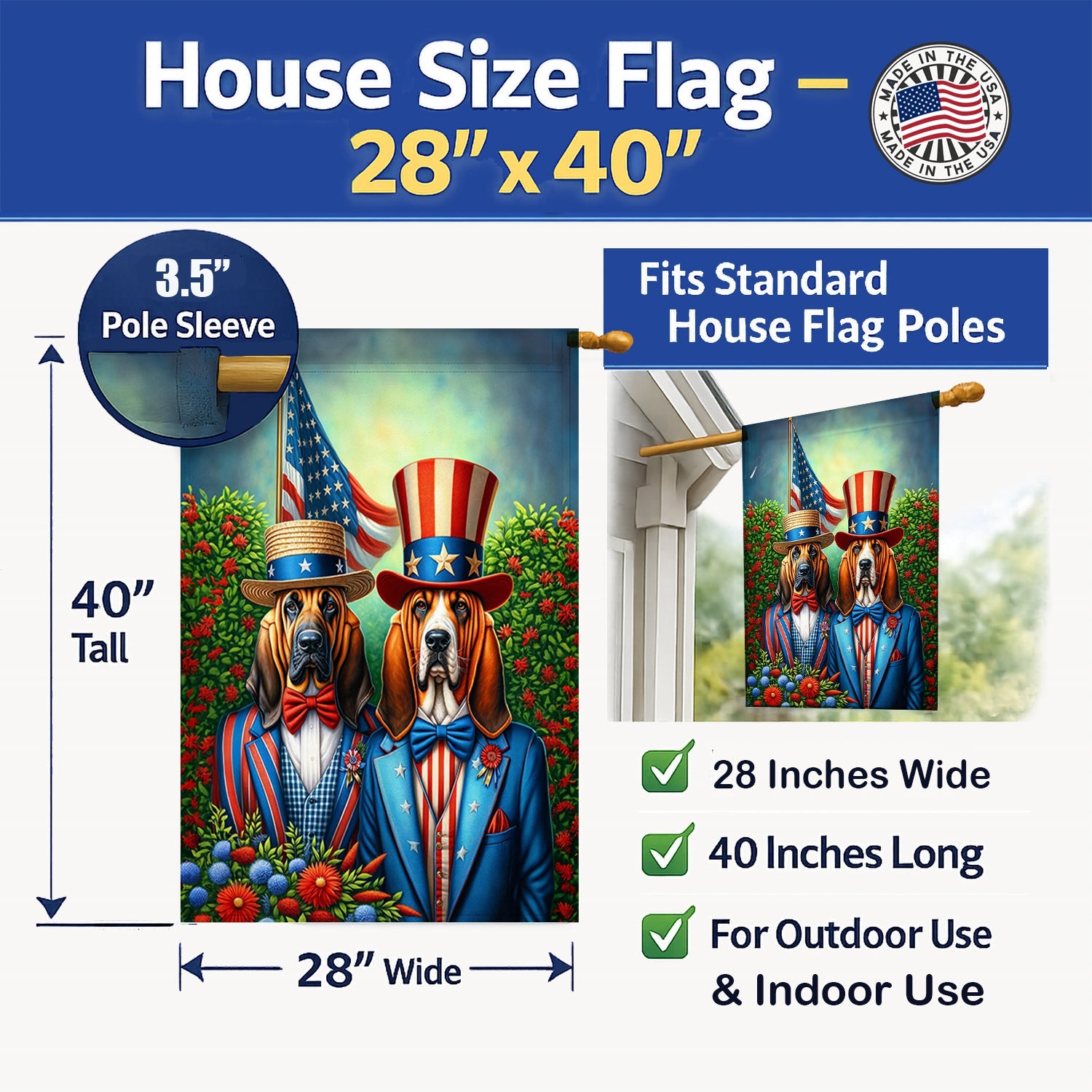 All American Bloodhound House Flag 28x40 Porch Sleeve Pole Decorative Outside Yard Banner Artwork Wall Hanging, Polyester