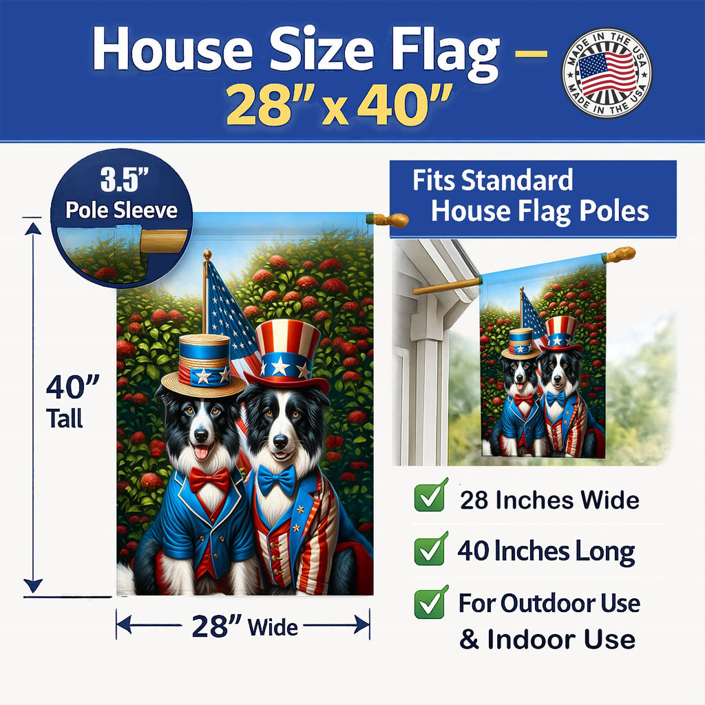 All American Border Collie House Flag 28x40 Porch Sleeve Pole Decorative Outside Yard Banner Artwork Wall Hanging, Polyester