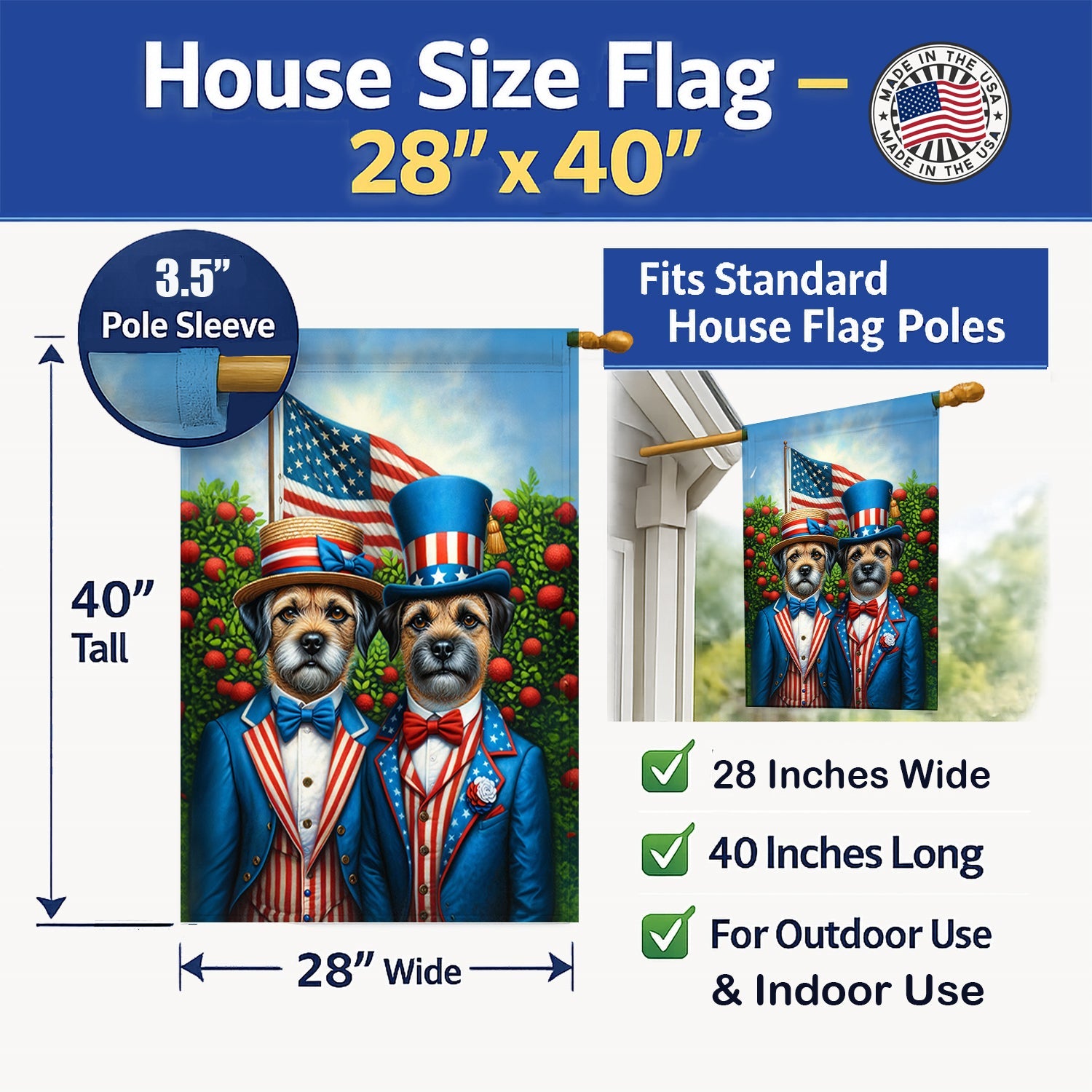 All American Border Terrier House Flag 28x40 Porch Sleeve Pole Decorative Outside Yard Banner Artwork Wall Hanging, Polyester