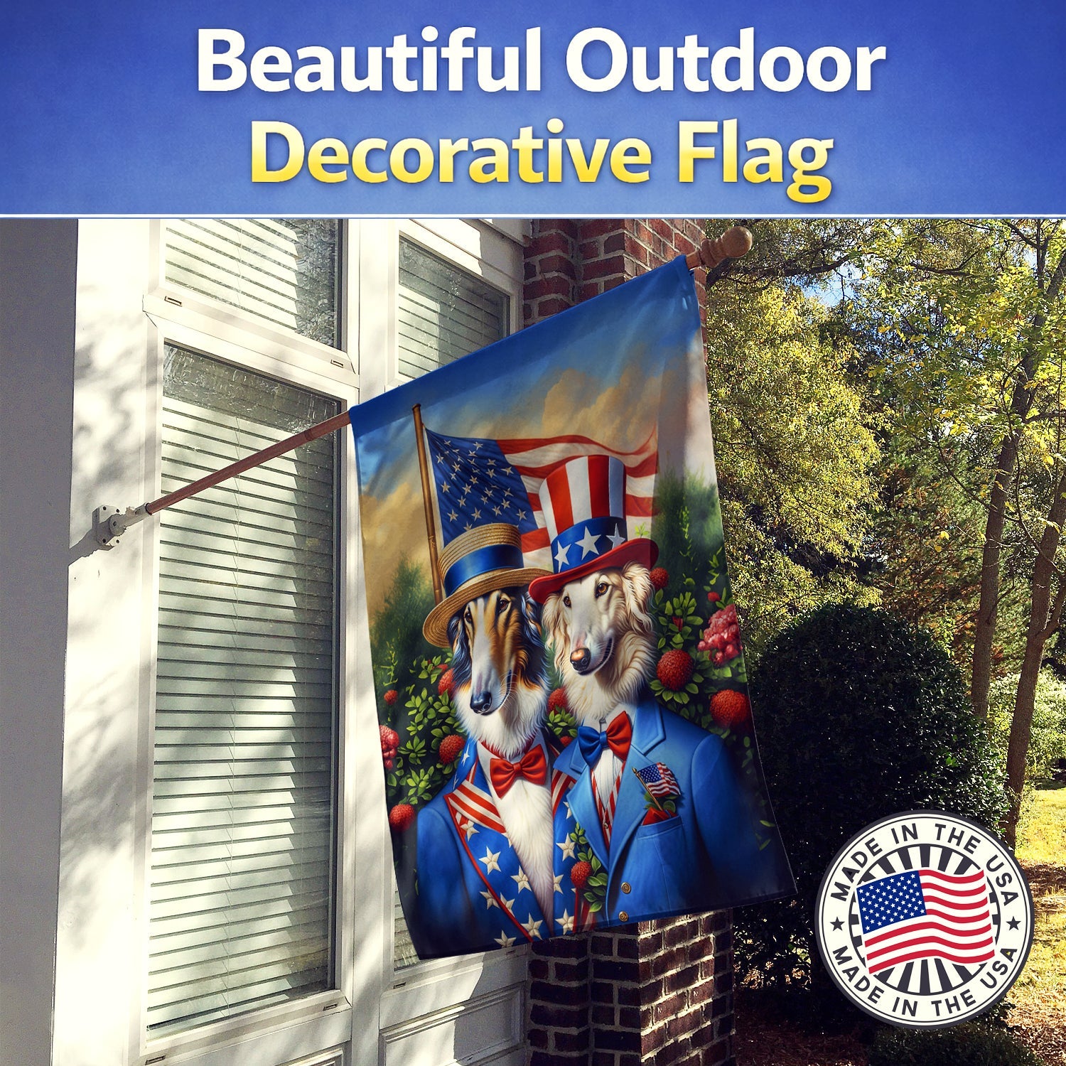 All American Borzoi House Flag 28x40 Porch Sleeve Pole Decorative Outside Yard Banner Artwork Wall Hanging, Polyester