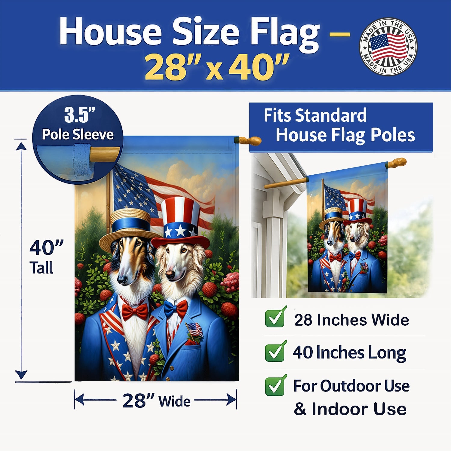 All American Borzoi House Flag 28x40 Porch Sleeve Pole Decorative Outside Yard Banner Artwork Wall Hanging, Polyester