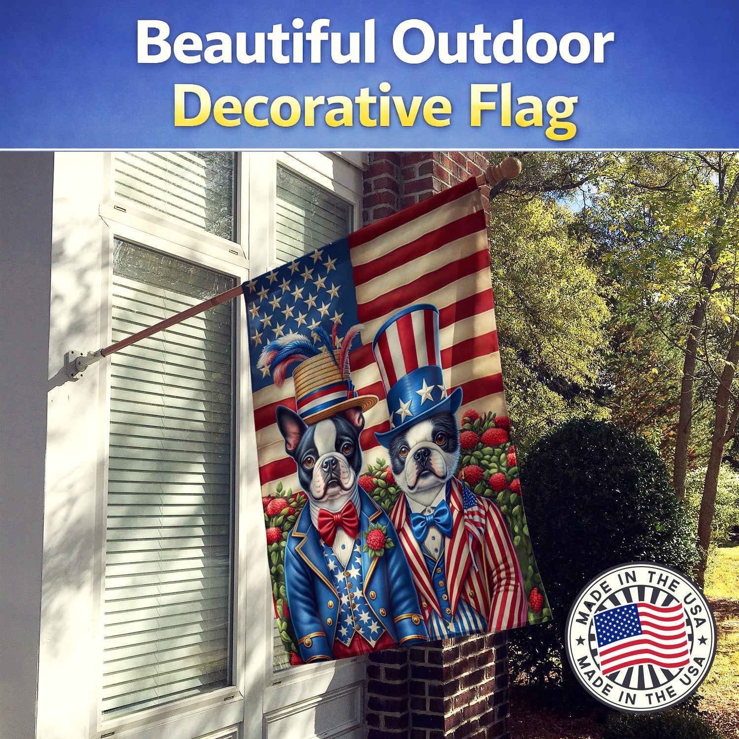 All American Boston Terrier House Flag 28x40 Porch Sleeve Pole Decorative Outside Yard Banner Artwork Wall Hanging, Polyester