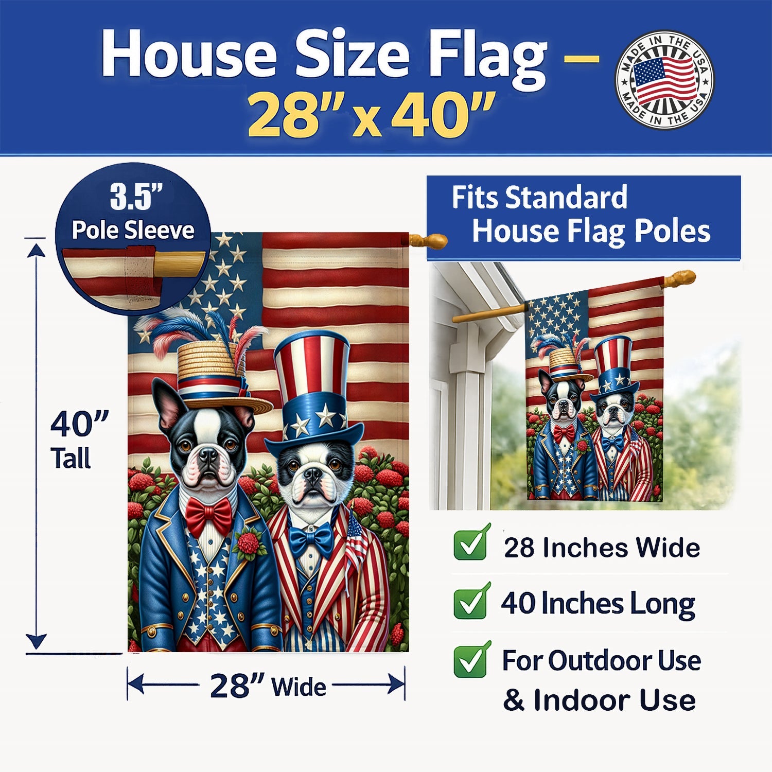 All American Boston Terrier House Flag 28x40 Porch Sleeve Pole Decorative Outside Yard Banner Artwork Wall Hanging, Polyester