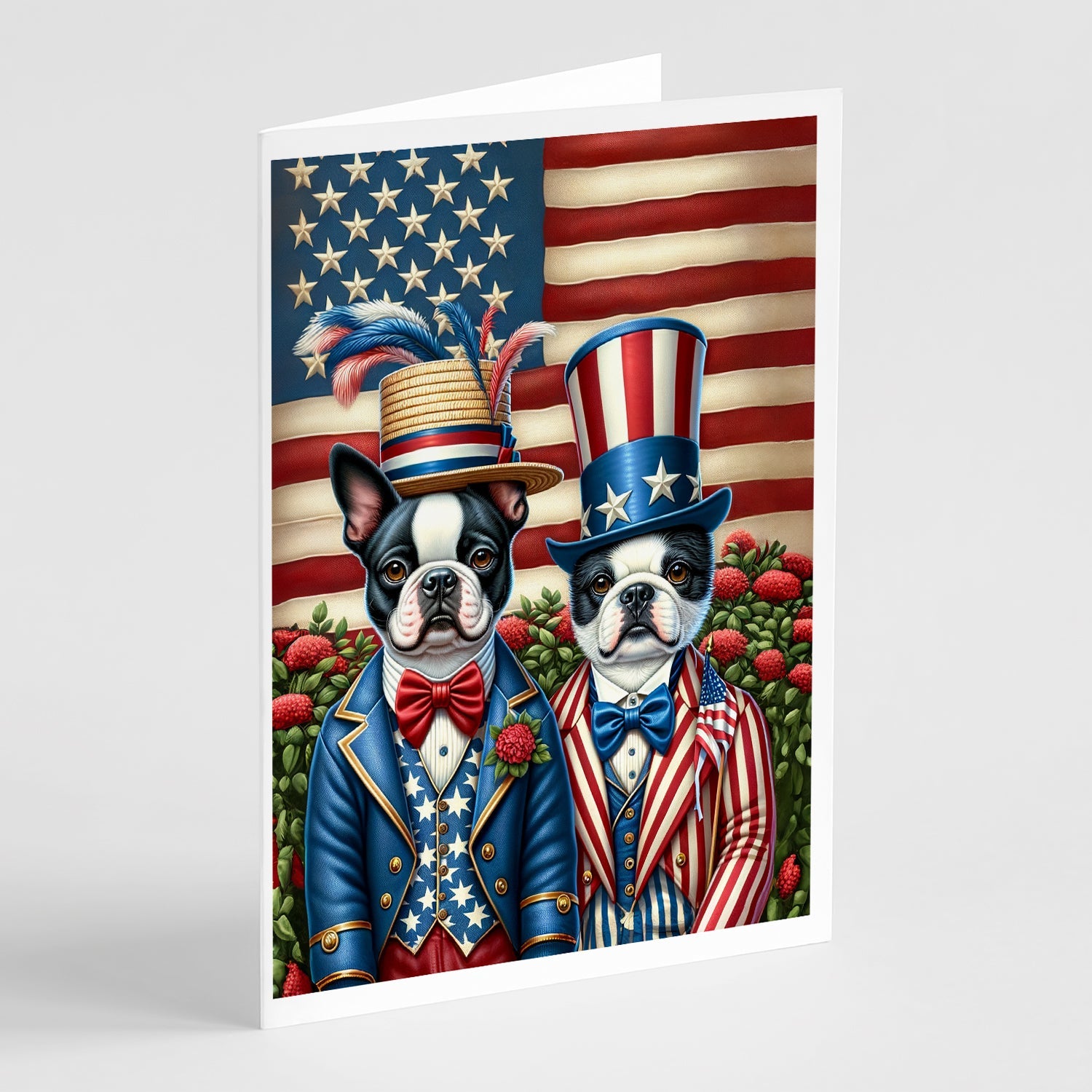 All American Boston Terrier Greeting Cards Pack of 8 Blank Cards with Envelopes Whimsical A7 Size 5x7