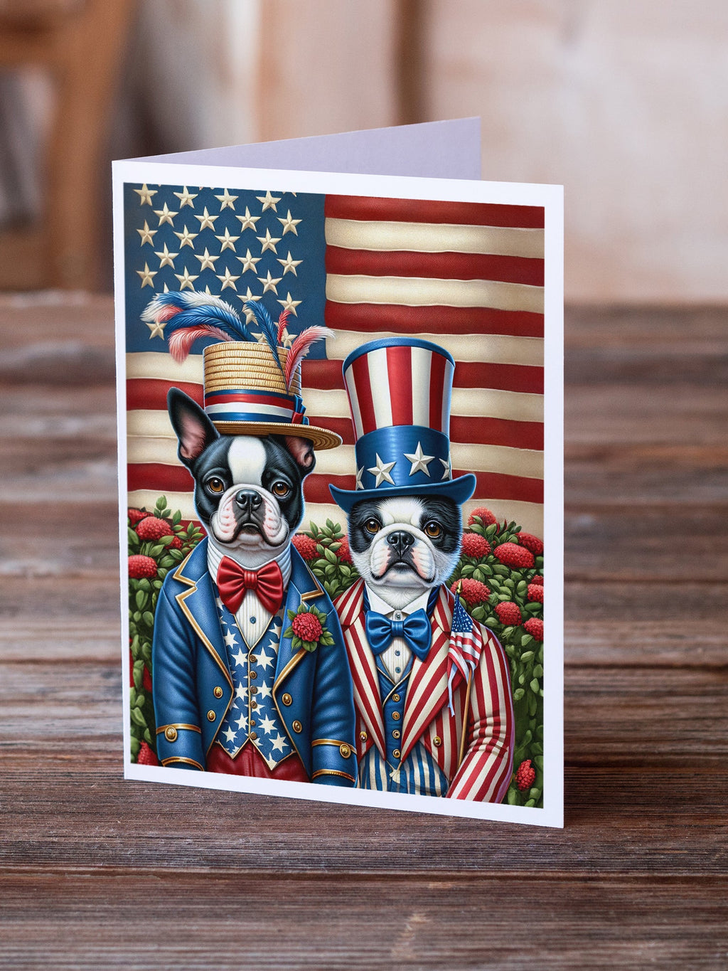 All American Boston Terrier Greeting Cards Pack of 8 Blank Cards with Envelopes Whimsical A7 Size 5x7
