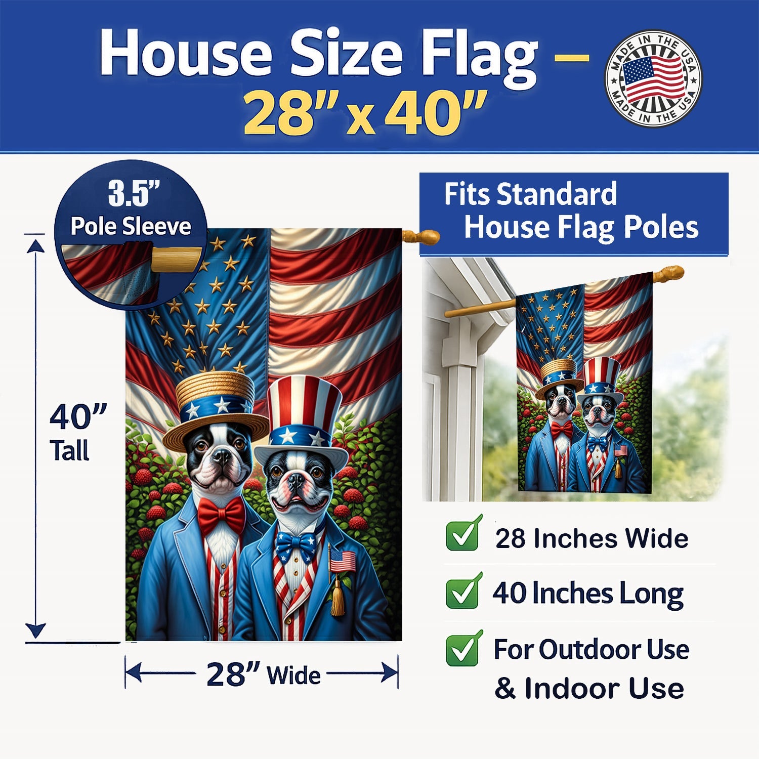 All American Boston Terrier House Flag 28x40 Porch Sleeve Pole Decorative Outside Yard Banner Artwork Wall Hanging, Polyester