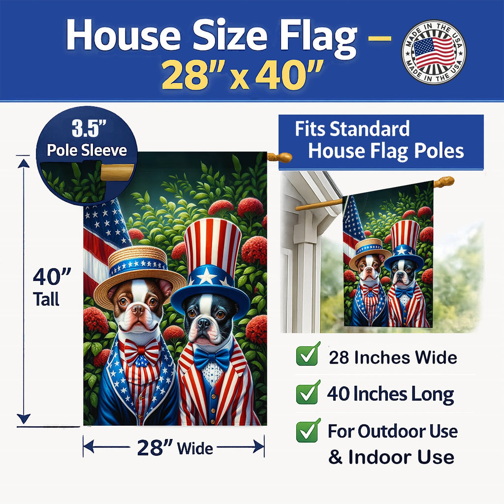 All American Boston Terrier House Flag 28x40 Porch Sleeve Pole Decorative Outside Yard Banner Artwork Wall Hanging, Polyester