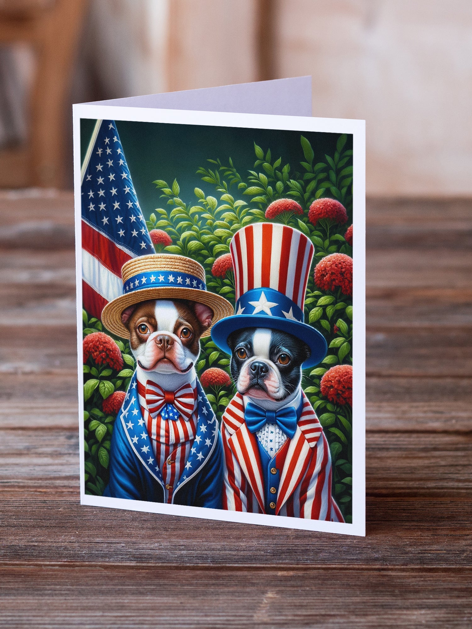 All American Boston Terrier Greeting Cards Pack of 8 Blank Cards with Envelopes Whimsical A7 Size 5x7