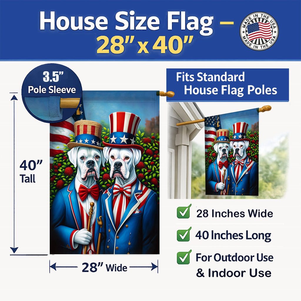 All American White Boxer House Flag 28x40 Porch Sleeve Pole Decorative Outside Yard Banner Artwork Wall Hanging, Polyester