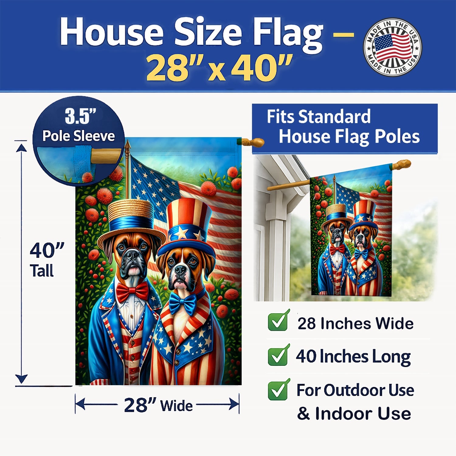 All American Boxer House Flag 28x40 Porch Sleeve Pole Decorative Outside Yard Banner Artwork Wall Hanging, Polyester